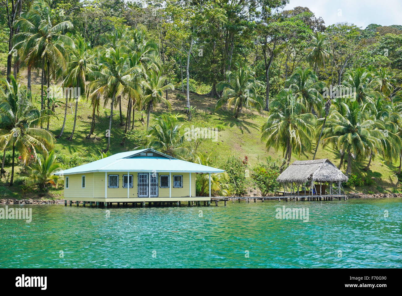 Haus und Hütte über dem Wasser mit Kokosnuss-Palmen auf dem Land, Karibikküste von Bocas del Toro, Panama, Mittelamerika Stockfoto