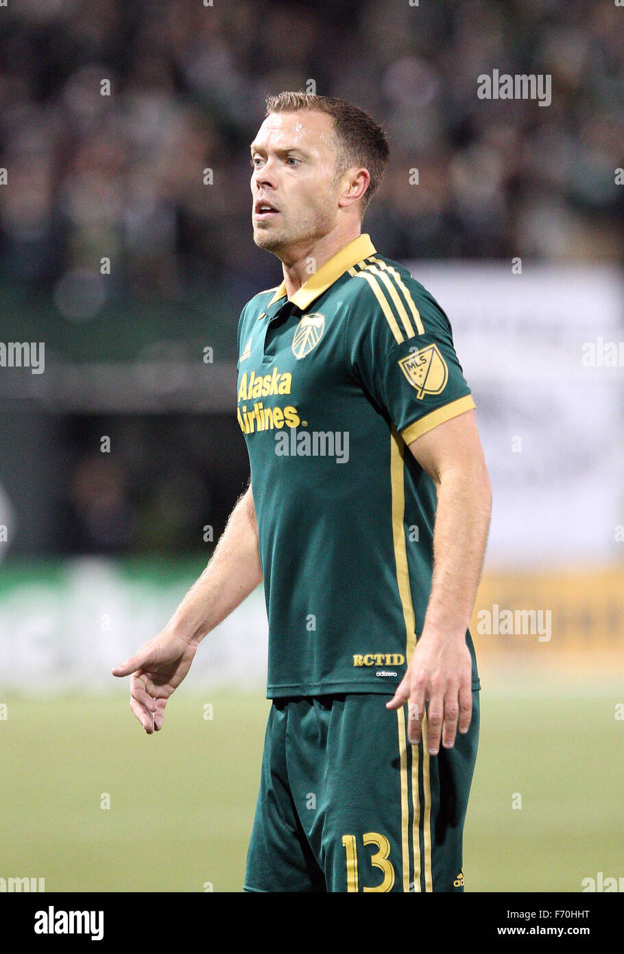 Providence Park, Portland, OR, USA. 22. November 2015. Portland Timbers Mittelfeld Jack Jewsbury (13) während der 2015 MLS Playoff-Spiel zwischen FC Dallas und die Portland Timbers in Providence Park, Portland, OR besuchen. Larry C. Lawson/CSM/Alamy Live-Nachrichten Stockfoto