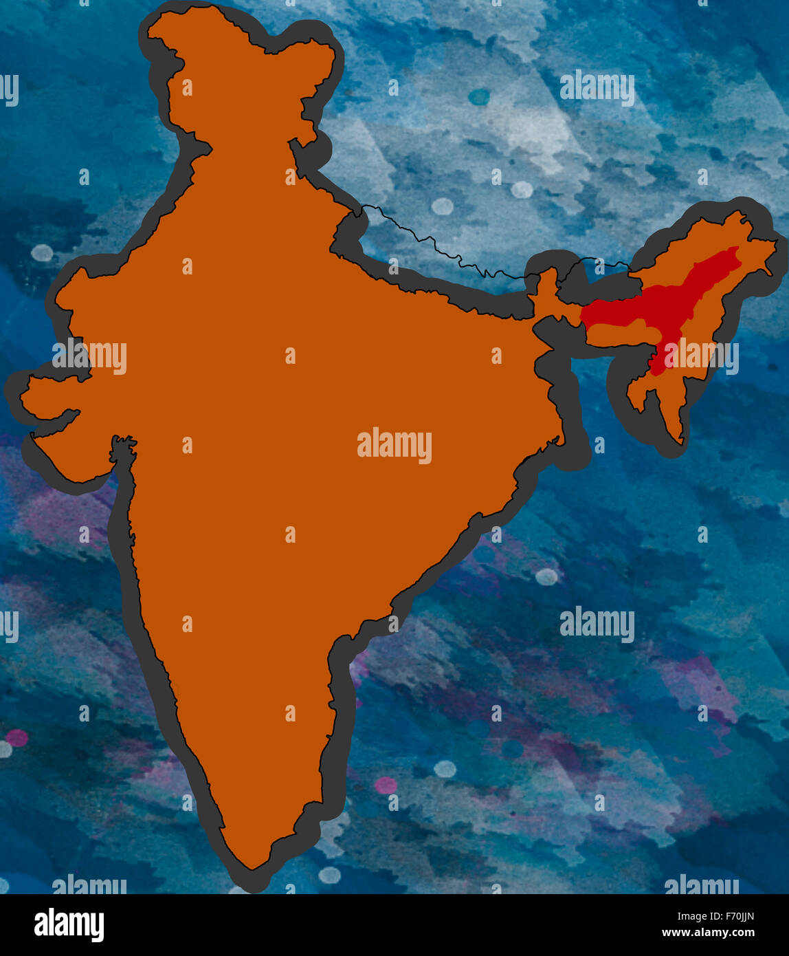 Lage von Assam auf der Karte von Indien, Indien Karte, Indien Karte, Indien Karte, Indien, Karte Asien, Asien Stockfoto