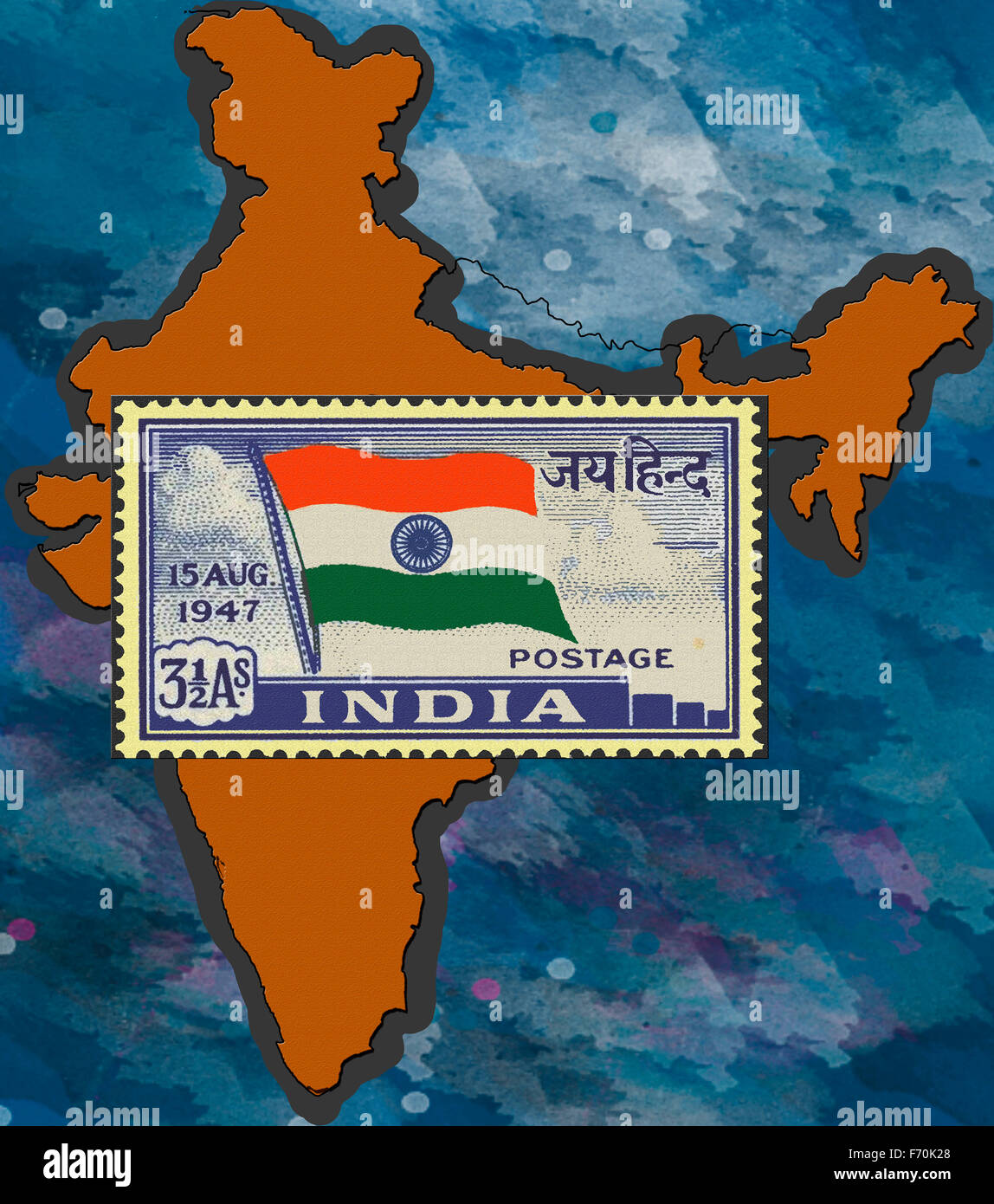 Indien Karte mit ersten Porto Ticket, Asien Stockfoto