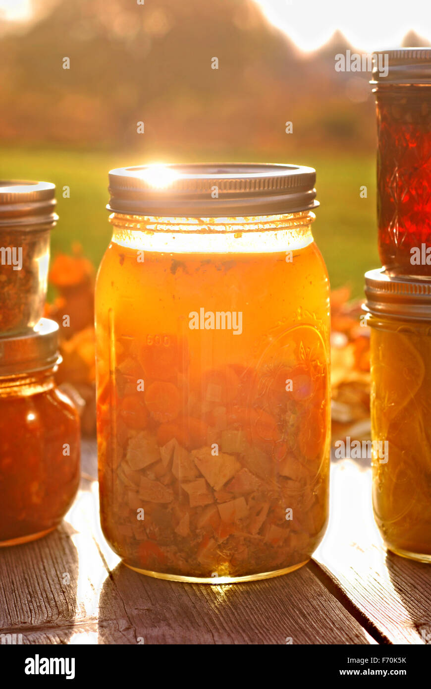 Glas Glas von zu Hause eingemachte Hühnersuppe im Herbst Sonnenlicht Stockfoto