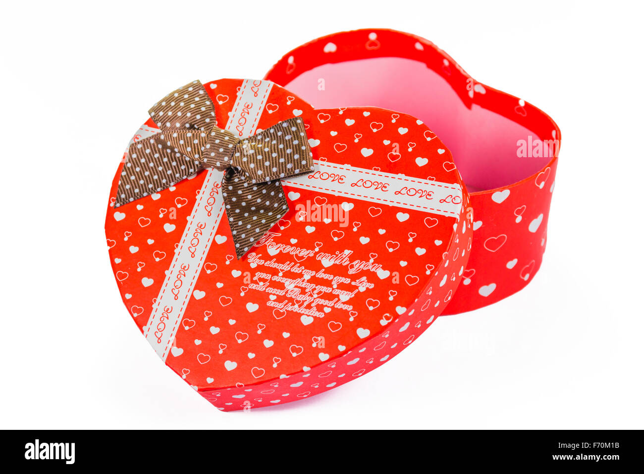 Valentinstag-Geschenk-Box, isoliert auf weiss in Herzform Stockfoto