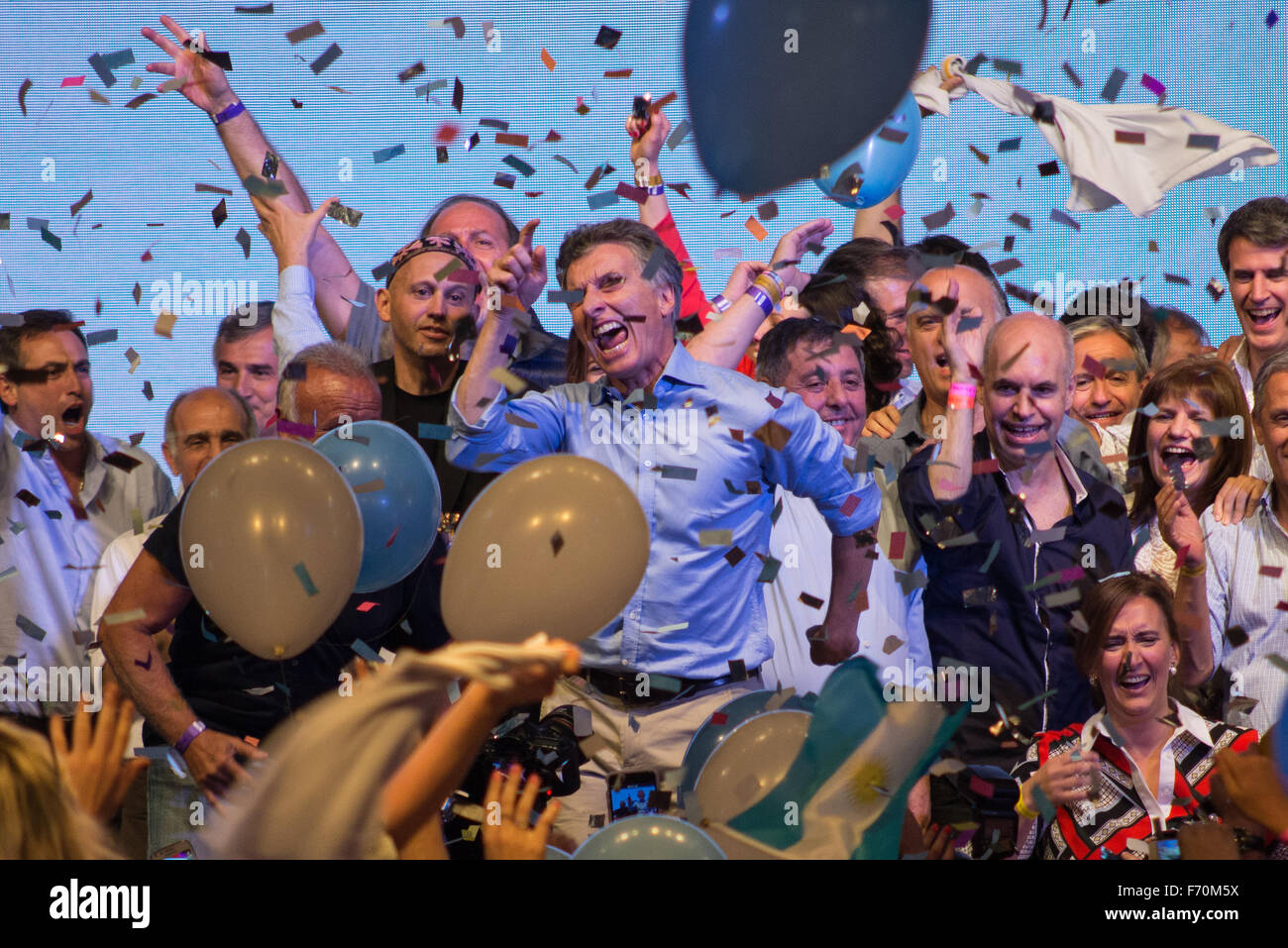 Argentinien. 22. November 2015. Mauricio Macri spricht nach seinem Sieg über die nationalen Wahlen mit der Front Cambiemos, wo die konservative Front Cambiemos gewinnen die Wahlen gegen Daniel Scioli. Eine Wahl, die das argentinische Panorama der letzten 12 Jahre ändert. © Javier Gallardo/Pacific Press/Alamy Live-Nachrichten Stockfoto