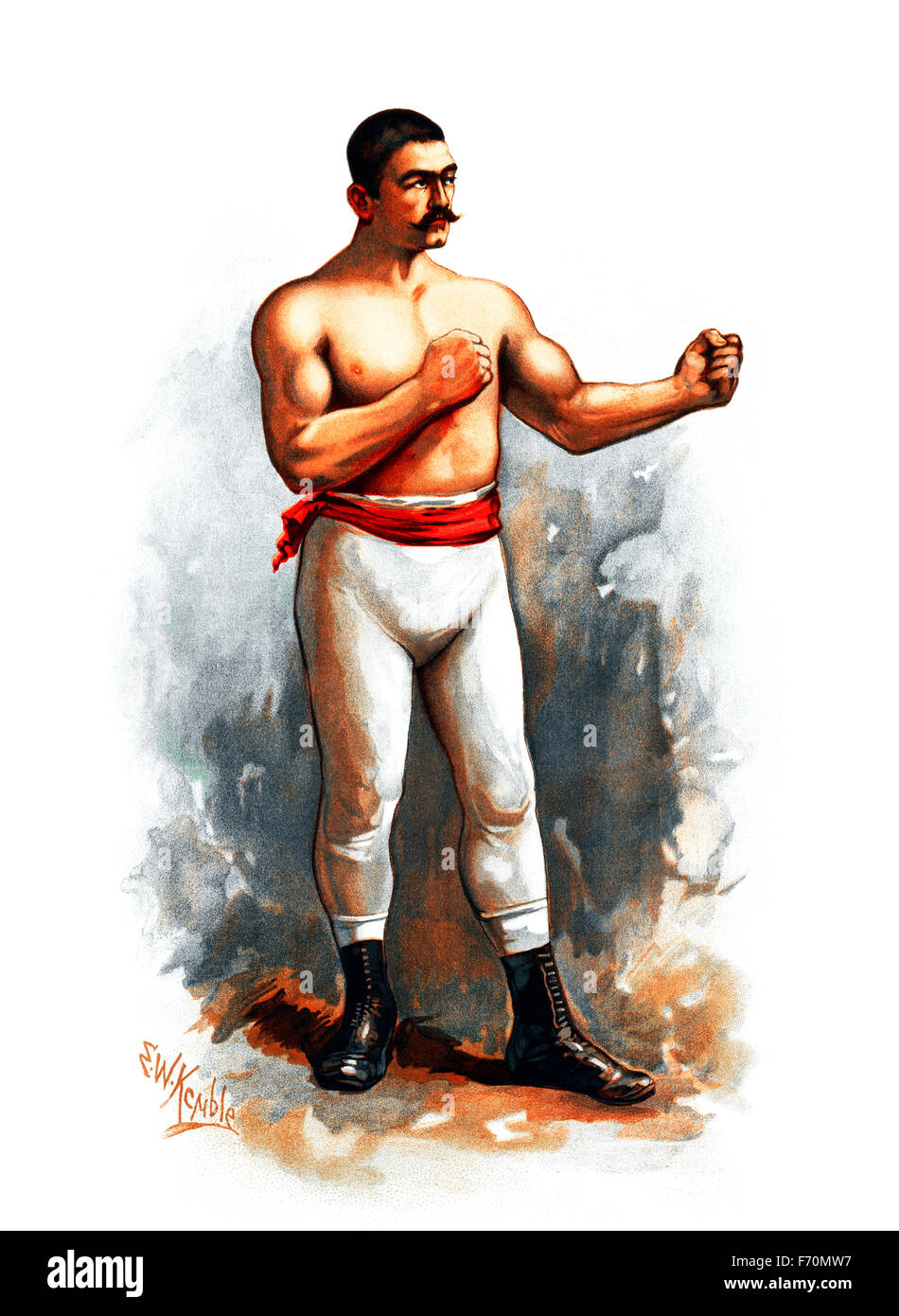 Vintage Porträt Drucken des legendären amerikanischen bloßen Fäusten und behandschuhten Boxer John L Sullivan (1858-1918). Sullivan, den Spitznamen "The Boston Strong Boy", gilt als der letzte bloßen Fäusten Weltmeister im Schwergewicht nach London Prize Ring Regeln und der erste behandschuhte Schwergewichts-Weltmeister unter Marquess of Queensberry Rules. Er beherrscht die Box-Szene in den 1880er Jahren und war Amerikas erste sportliche Superstar. Seine Herrschaft als König der Schwergewichte kam zu einem Ende, als er zu James J Corbett im Jahr 1892 in einem behandschuhten Kampf unter Queensberry-Regeln gekämpft verlor. Stockfoto
