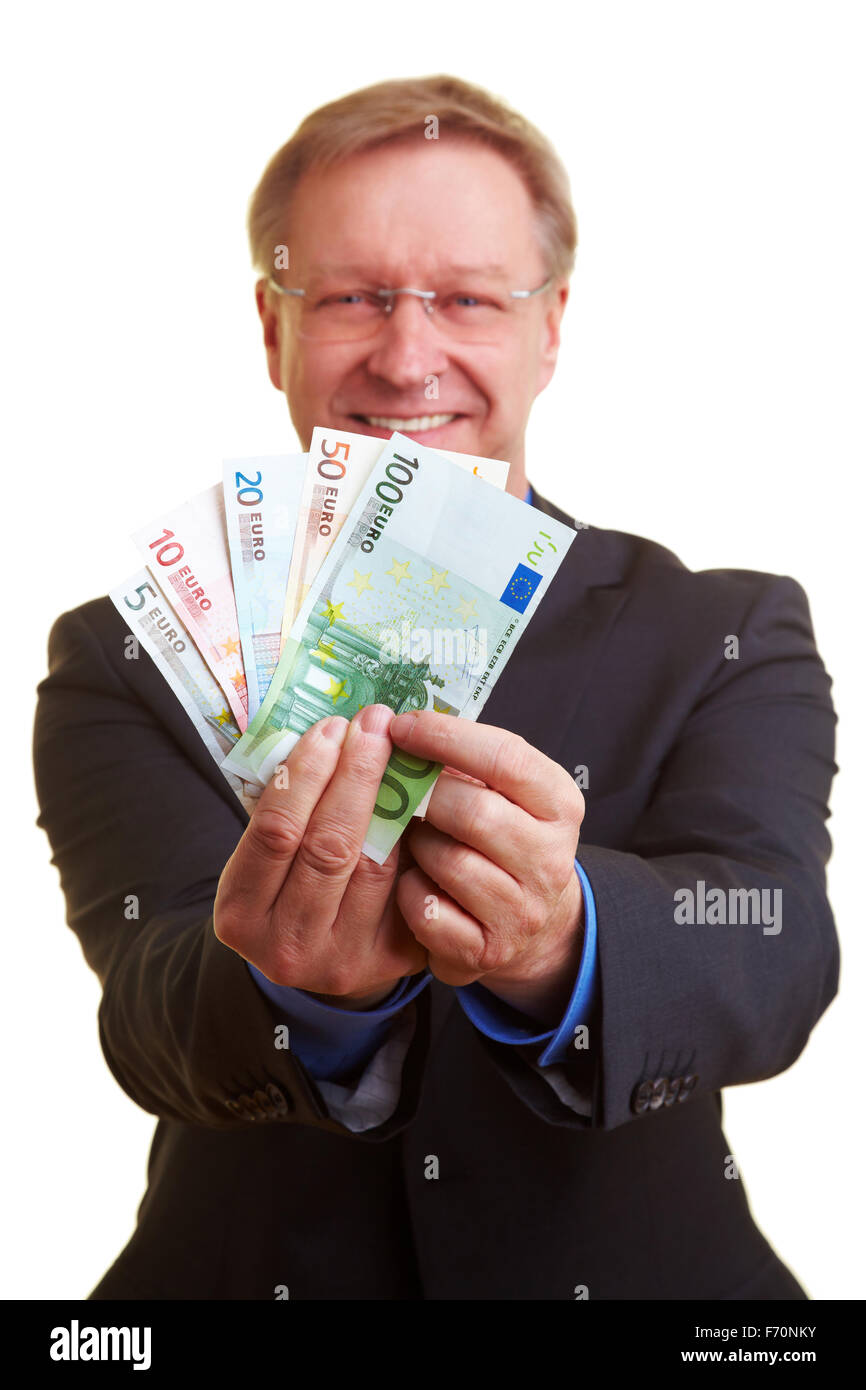 Glücklich senior Geschäftsmann mit viele Euro-Banknoten Stockfoto