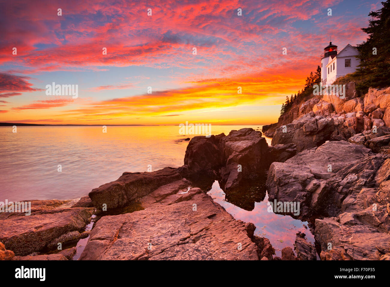 Der Bass Harbor Head Leuchtturm im Acadia National Park, Maine, USA. Während einer spektakulären Sonnenuntergang fotografiert. Stockfoto