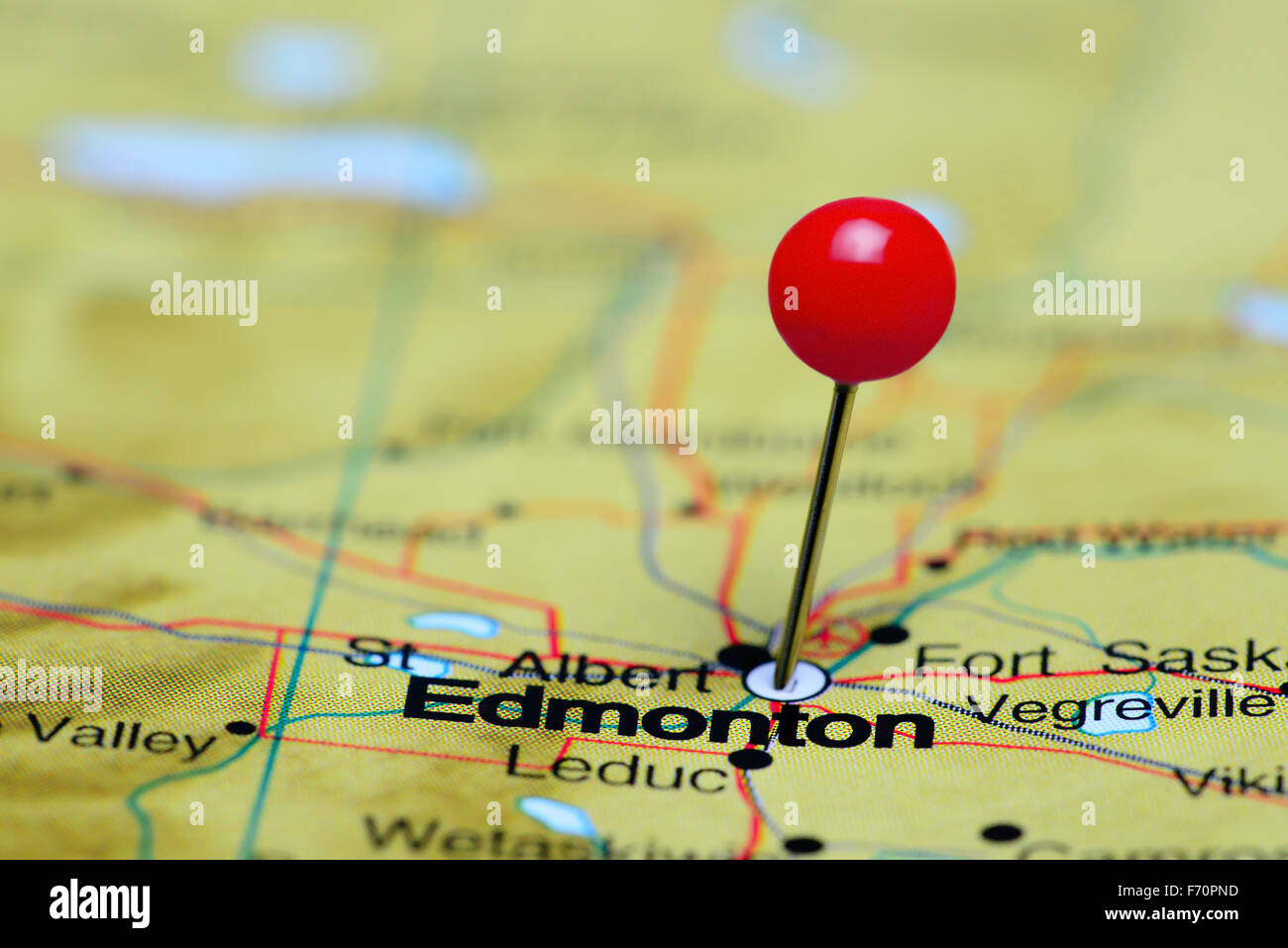 Edmonton, fixiert auf einer Karte von Kanada Stockfoto