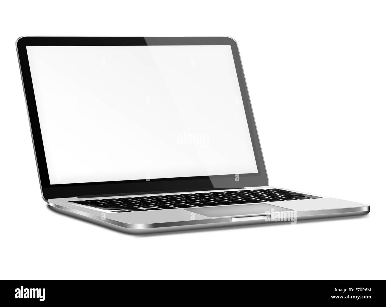 Laptop mit schwarzen Bildschirm und Schatten isoliert auf weißem Hintergrund. Sehr detaillierte Darstellung. Stockfoto