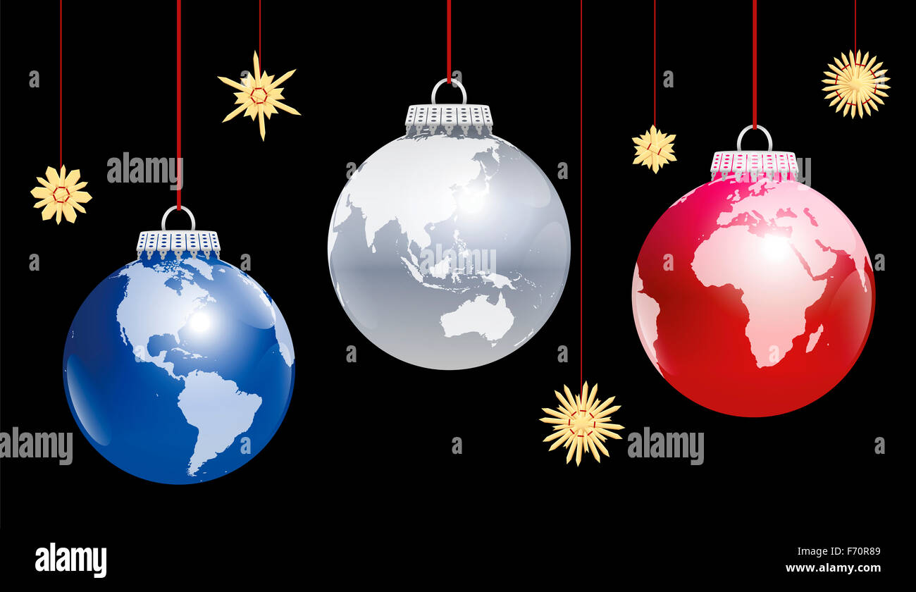 Weihnachten Kugeln Planetenerde - drei verschiedene Blickwinkel. Dreidimensionale Darstellung auf schwarzem Hintergrund. Stockfoto