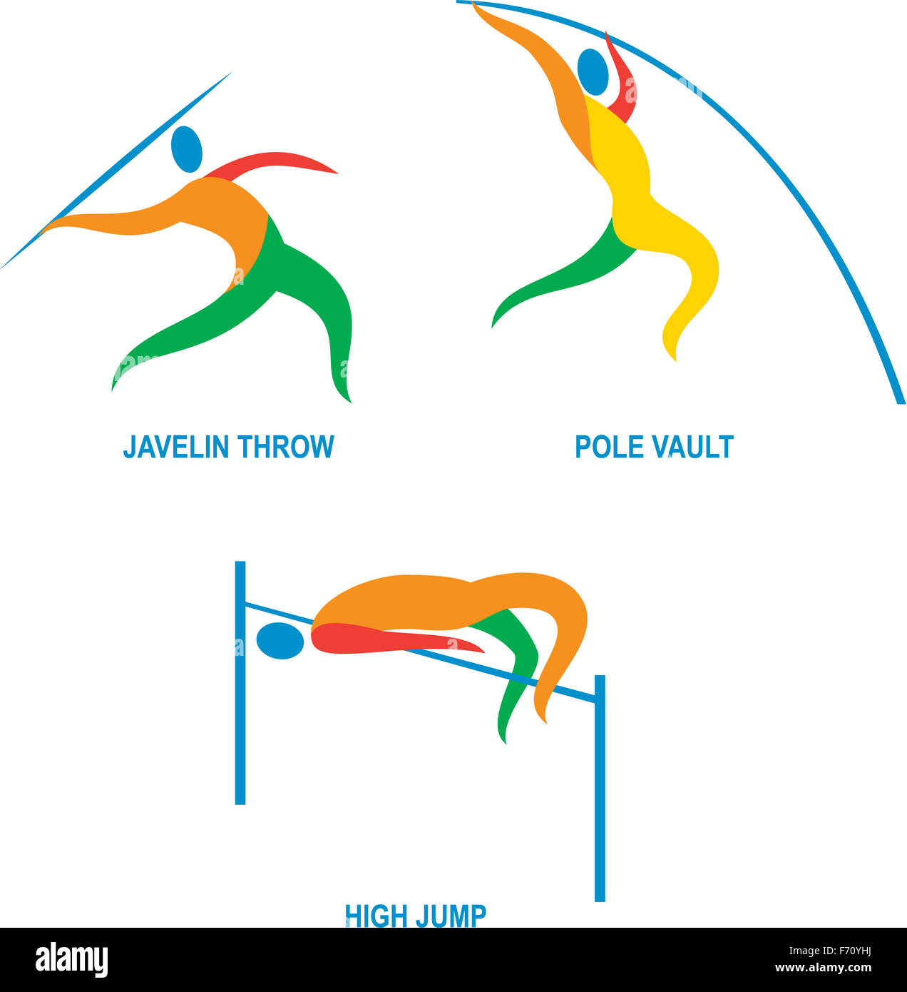 Symbol Abbildung zeigt Sportler spielen die Sportart Leichtathletik, Hochsprung, Stabhochsprung, Speerwurf. Stockfoto