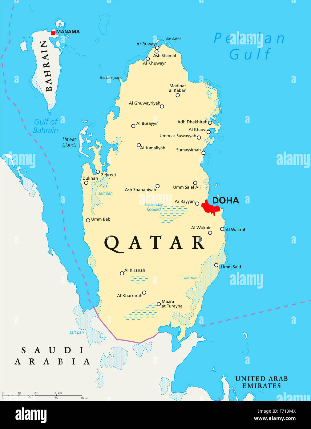 Politische Landkarte Katar mit Hauptstadt Doha, Landesgrenzen, wichtige Städte, Salz Pfannen und Riffe. Englische Beschriftung und Skalierung. Stockfoto