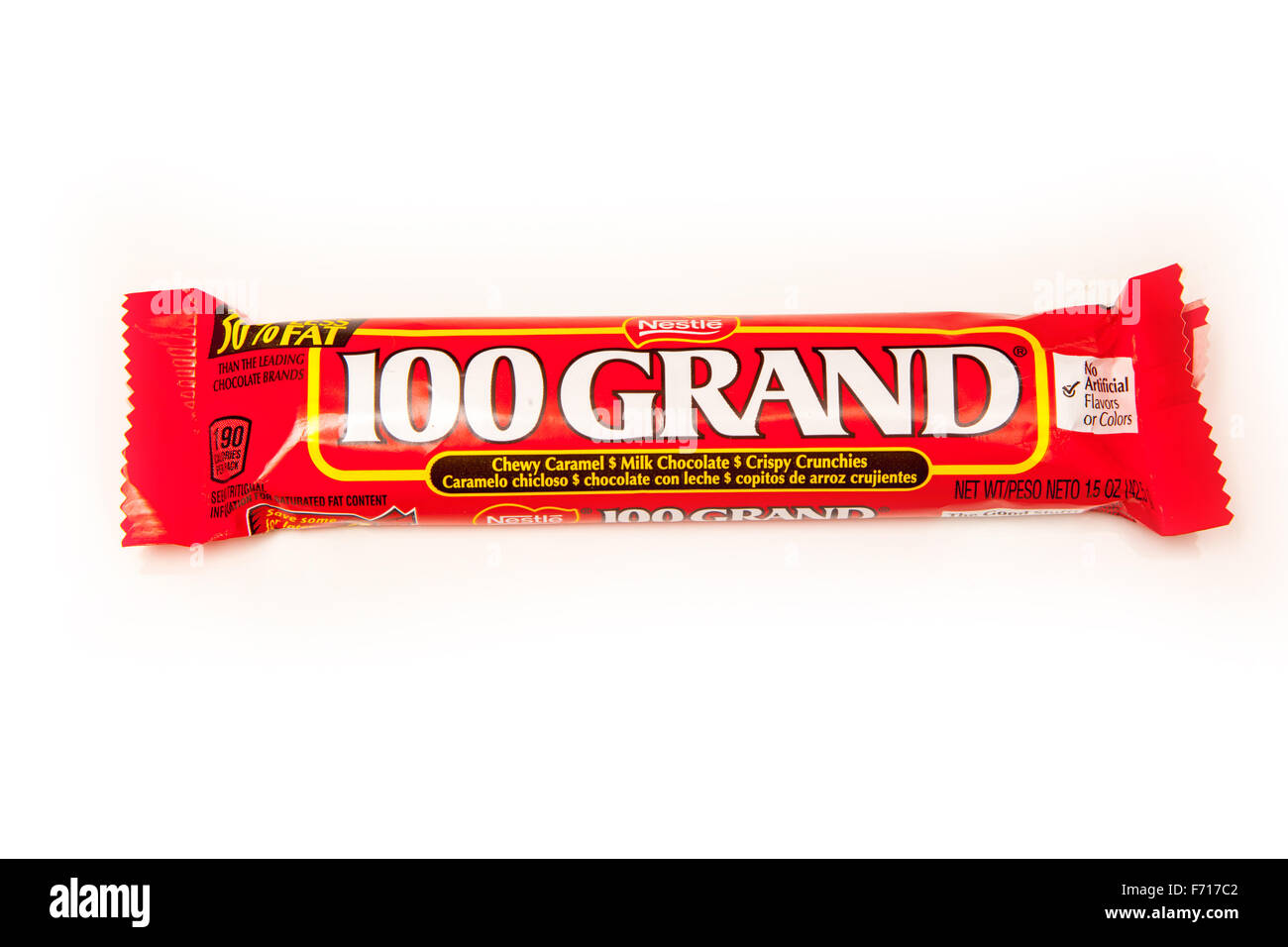 American candy 100 Grand Bar, ein Schokoriegel von Nestlé gemacht. Isoliert auf einem weißen Studio-Hintergrund. Stockfoto