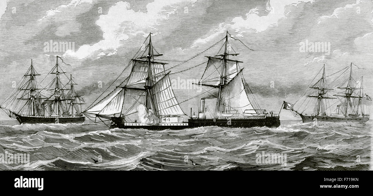 Krieg des Pazifiks (1879-1883). Westliches Südamerika mit Bolivien und Peru vor Chile als ein Belligerants. Peruanische Marine. Kupferstich von Capuz. La Ilustración Española y Americana, 1879. Stockfoto