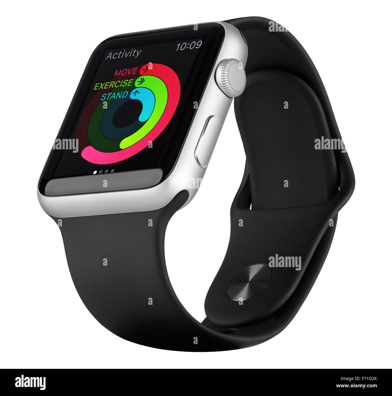 Varna, Bulgarien - 18. Oktober 2015: Apple Watch Sport 42 mm Silber Aluminium-Gehäuse mit schwarzen Sportarmband mit app "Aktivität". Stockfoto