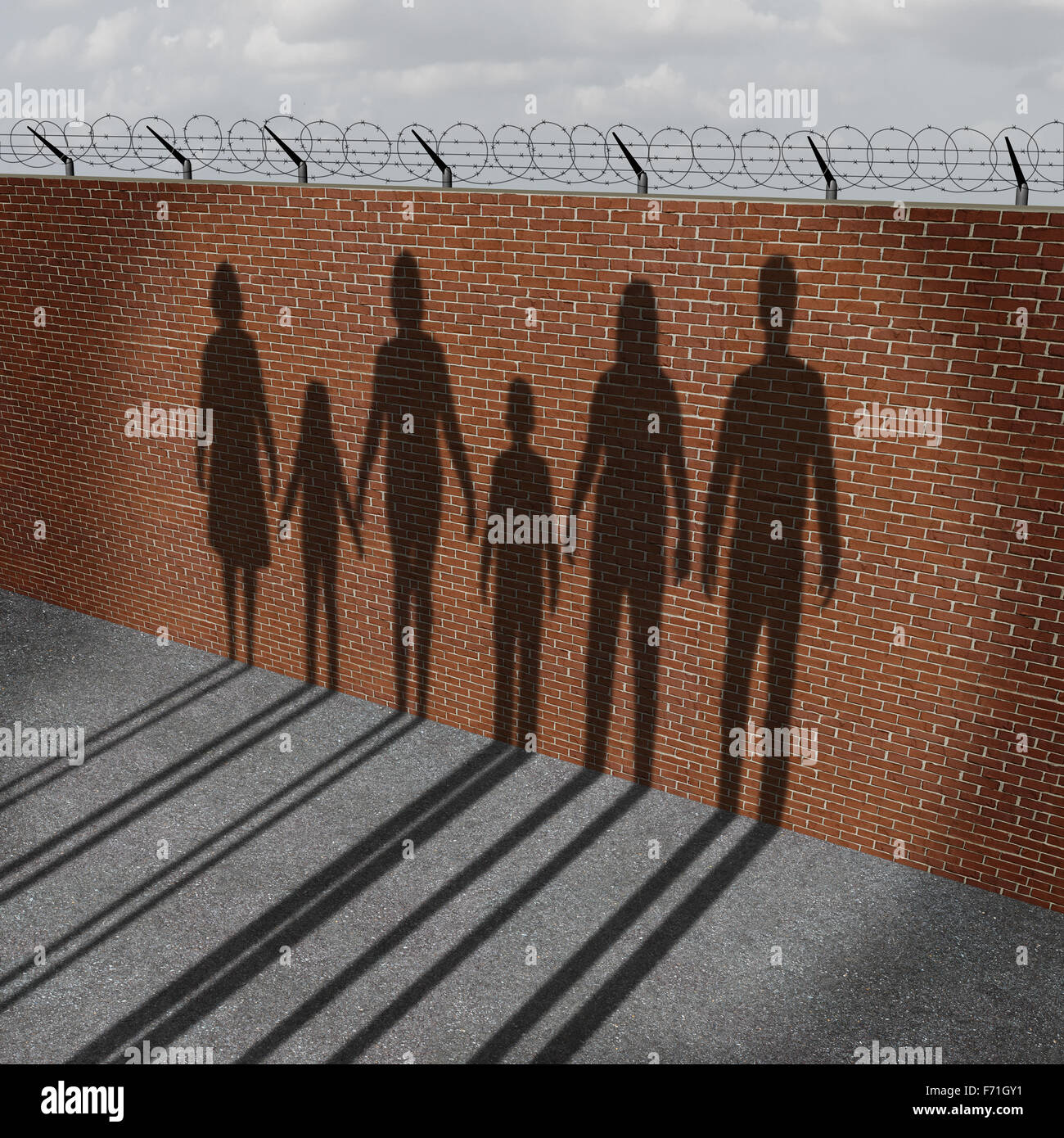 Einwanderung Menschen an der Grenze Wand als ein gesellschaftliches Problem über Flüchtlinge oder illegale Einwanderer Krise mit Schlagschatten einer Gruppe von Migration von Frauen Männer und Kinder. Stockfoto