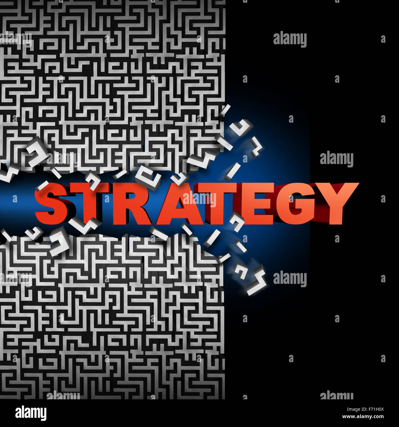 Strategie-Lösungskonzept und Spielplan Symbol als Text bricht durch einen Irrgarten oder Labyrinth puzzle als eine finanzielle oder geschäftliche Stockfoto