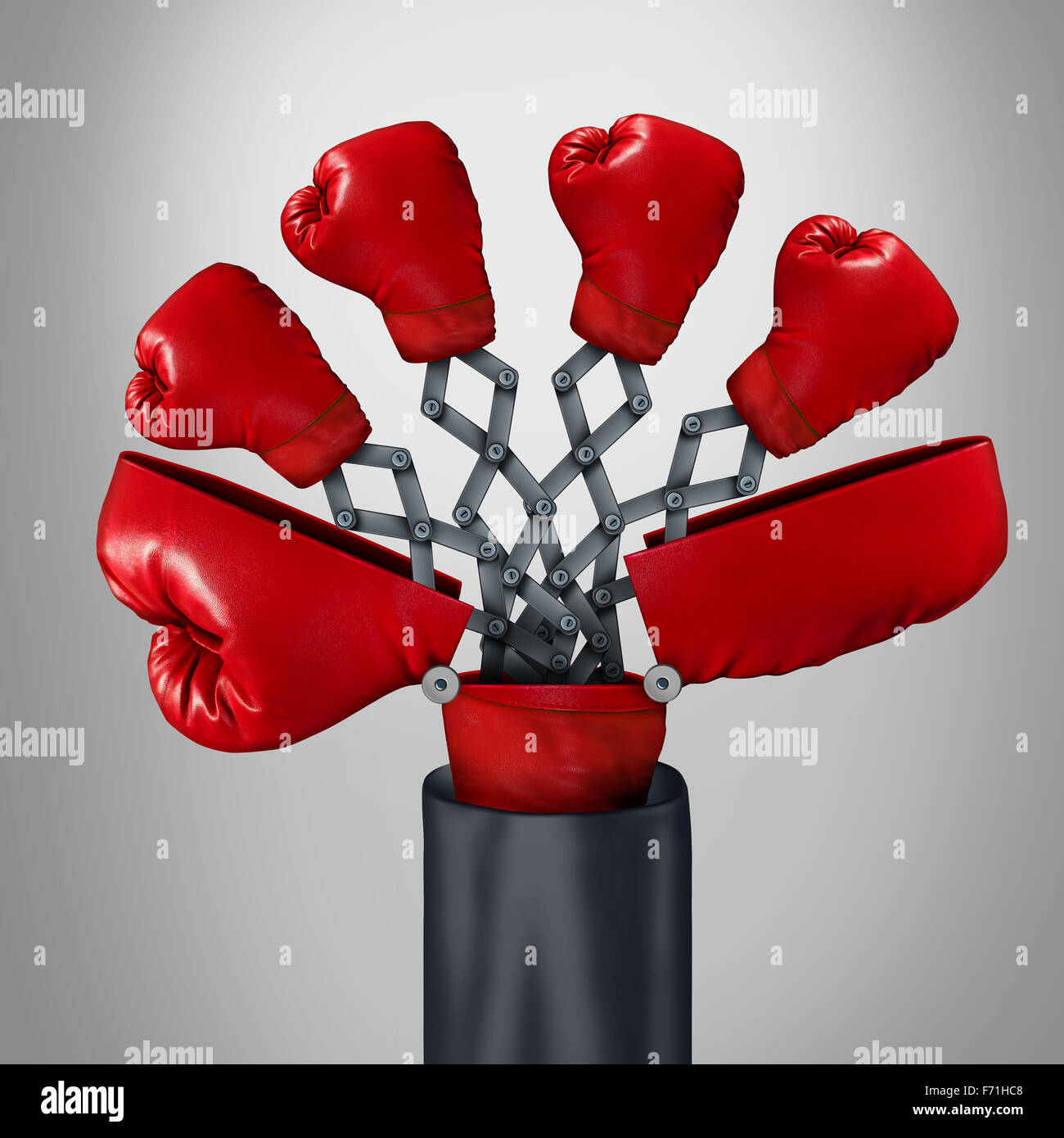 Innovative Wettbewerber Geschäftskonzept als eine offene große Boxhandschuh mit vier anderen roten Handschuhen auftauchen als ein Spiel-Wechsler Strategie Symbol für wettbewerbsfähige Innovator Vorteil durch clevere Erfindung. Stockfoto