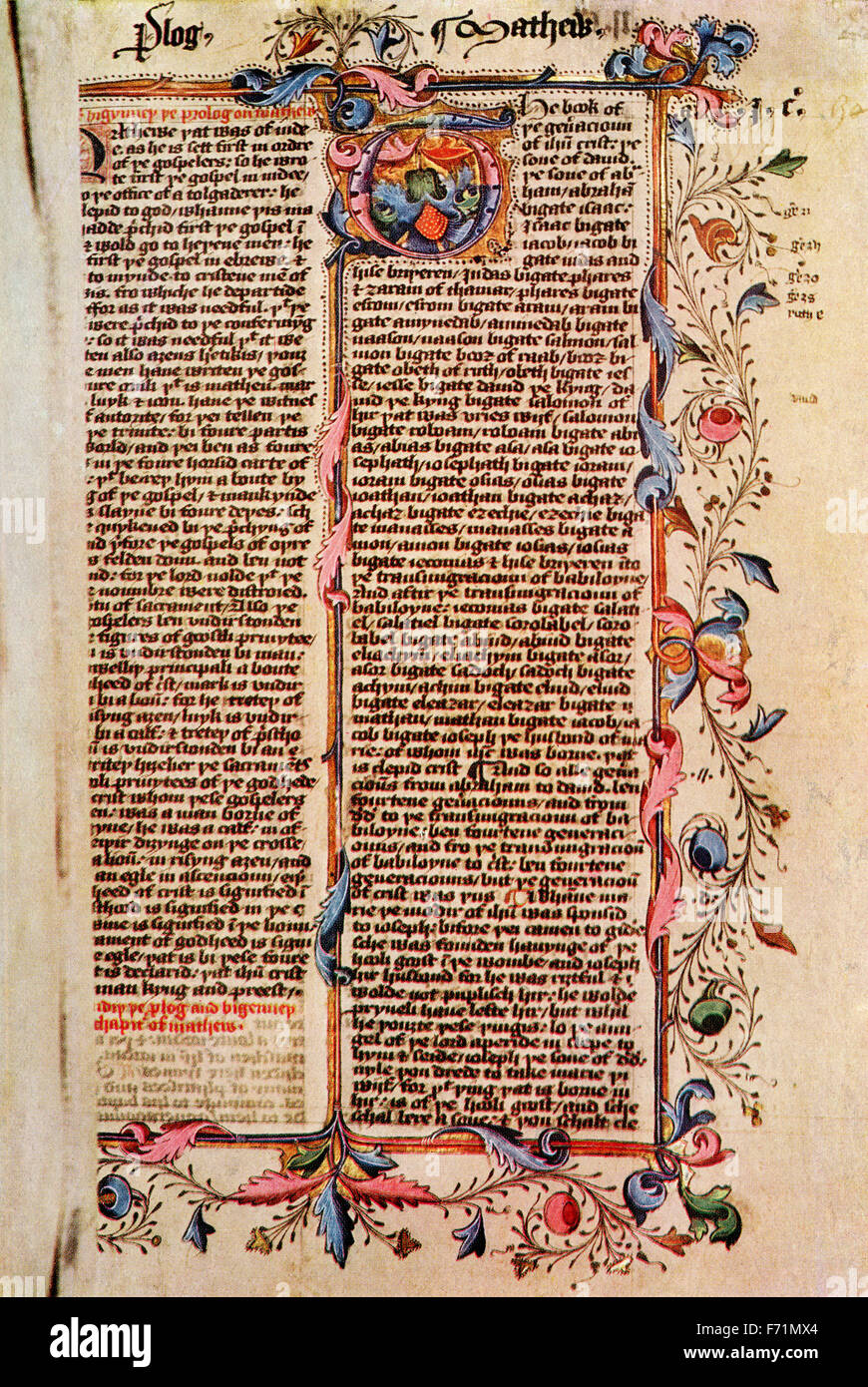 Erste Seite des Matthäus Evangeliums, nachdem ein 15. Jahrhundert MS der Wyclife Bibel beleuchtet. Stockfoto