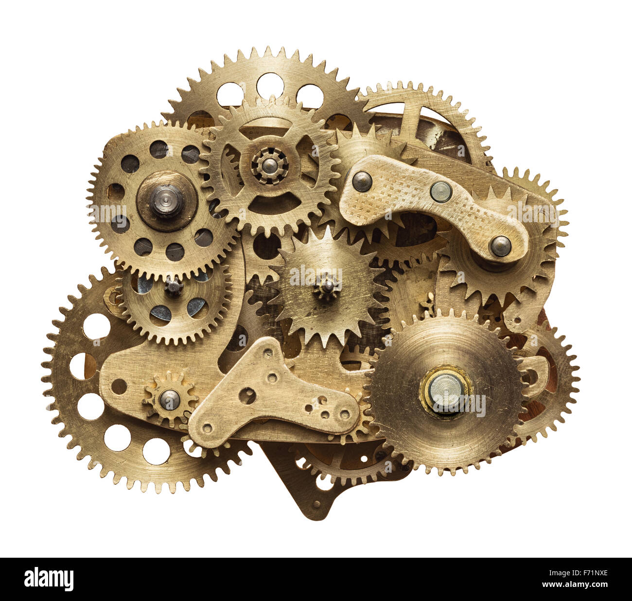 Metall-Collage von Uhrwerk Zahnräder isoliert auf weißem Hintergrund Stockfoto