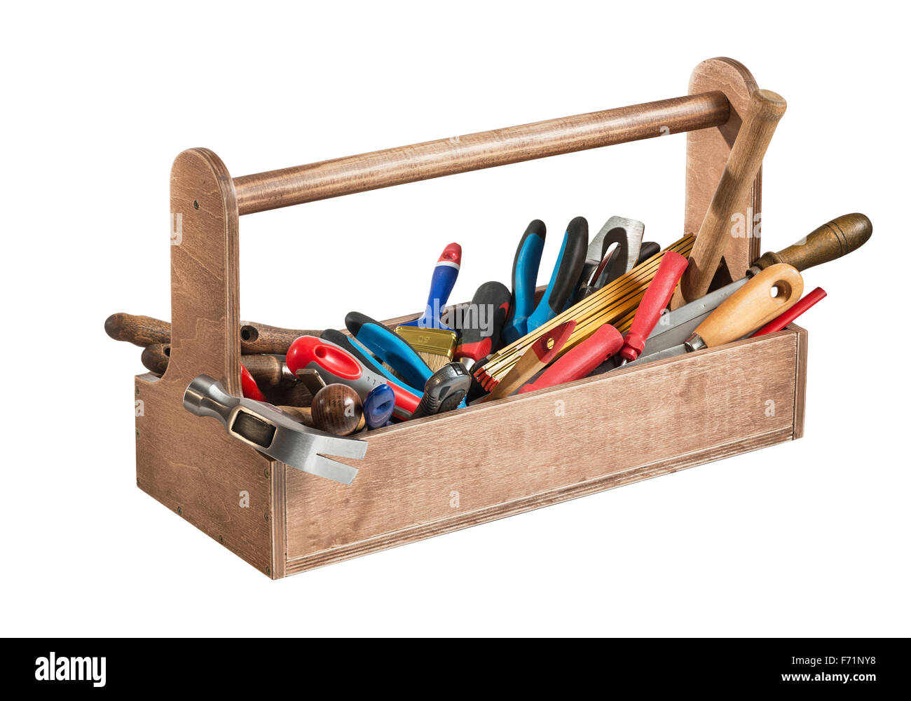 Holz Werkzeugkasten mit Werkzeugen isoliert auf weißem Hintergrund Stockfoto