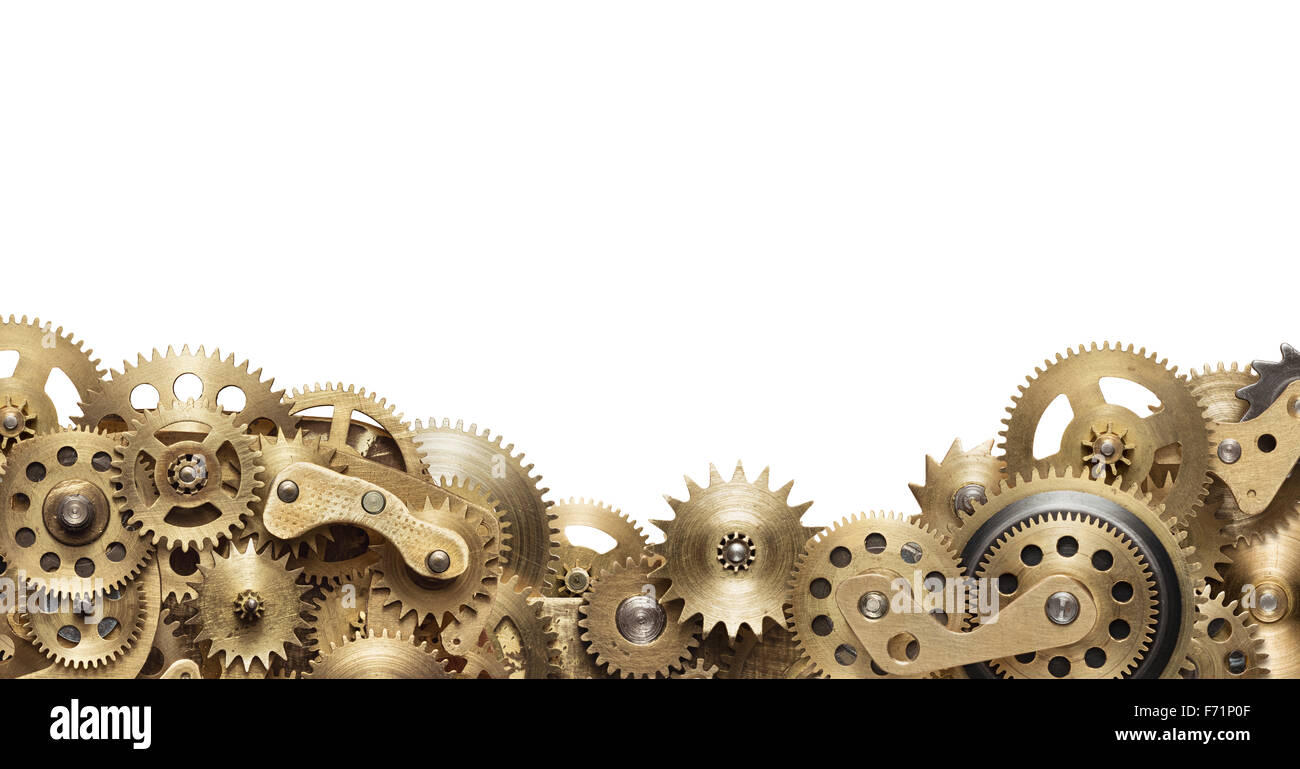 Mechanische Collage aus Uhrwerk Zahnräder auf weißem Hintergrund Stockfoto