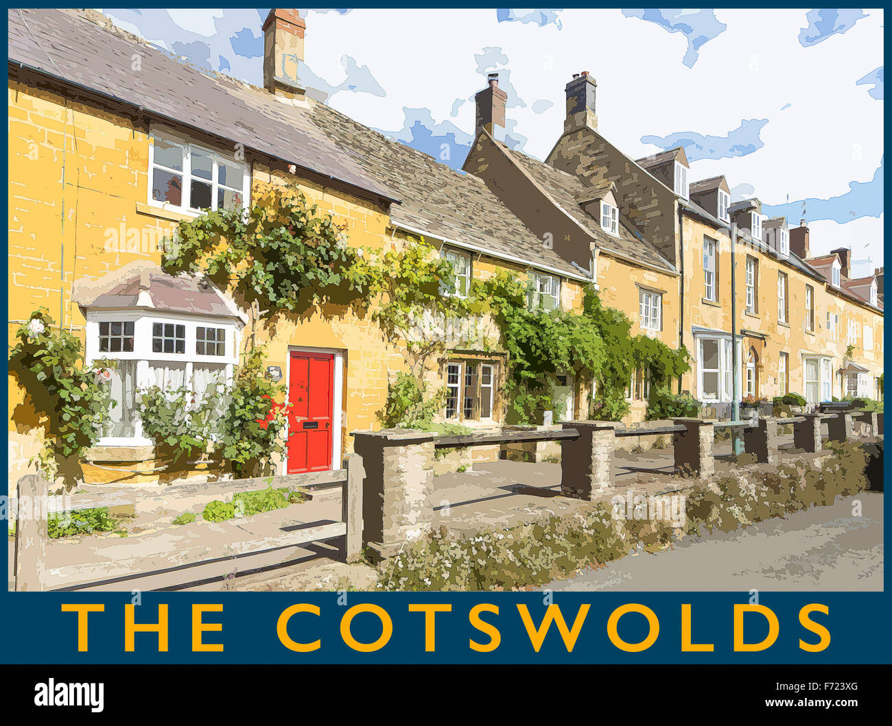 Ein Plakat Stil Illustration aus einem Foto der Cotswold-Dorf Blockley, Gloucestershire, England UK Stockfoto