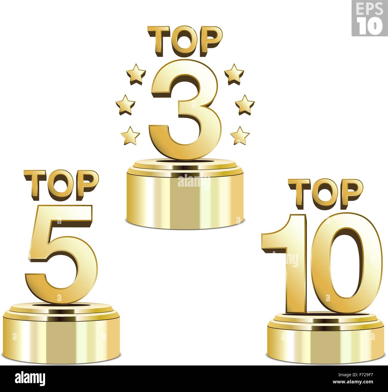 Gold Trophäen für die Top 10, Top 5 und Top drei der Rangliste Stock Vektor