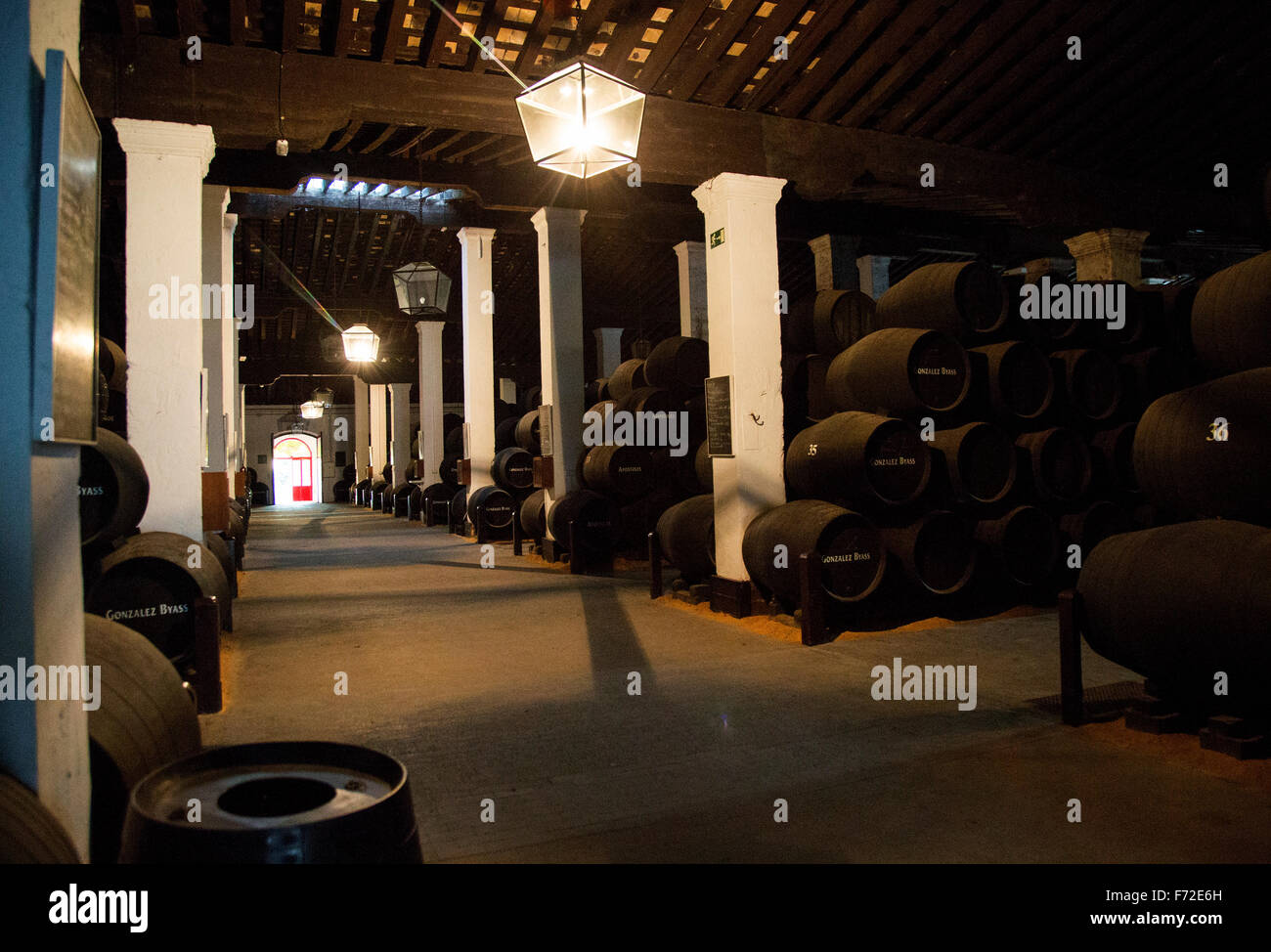 Eichenfässern reifen Sherry Wein im Keller, Gonzalez Byass Bodega, Jerez De La Frontera, Provinz Cadiz, Spanien Stockfoto