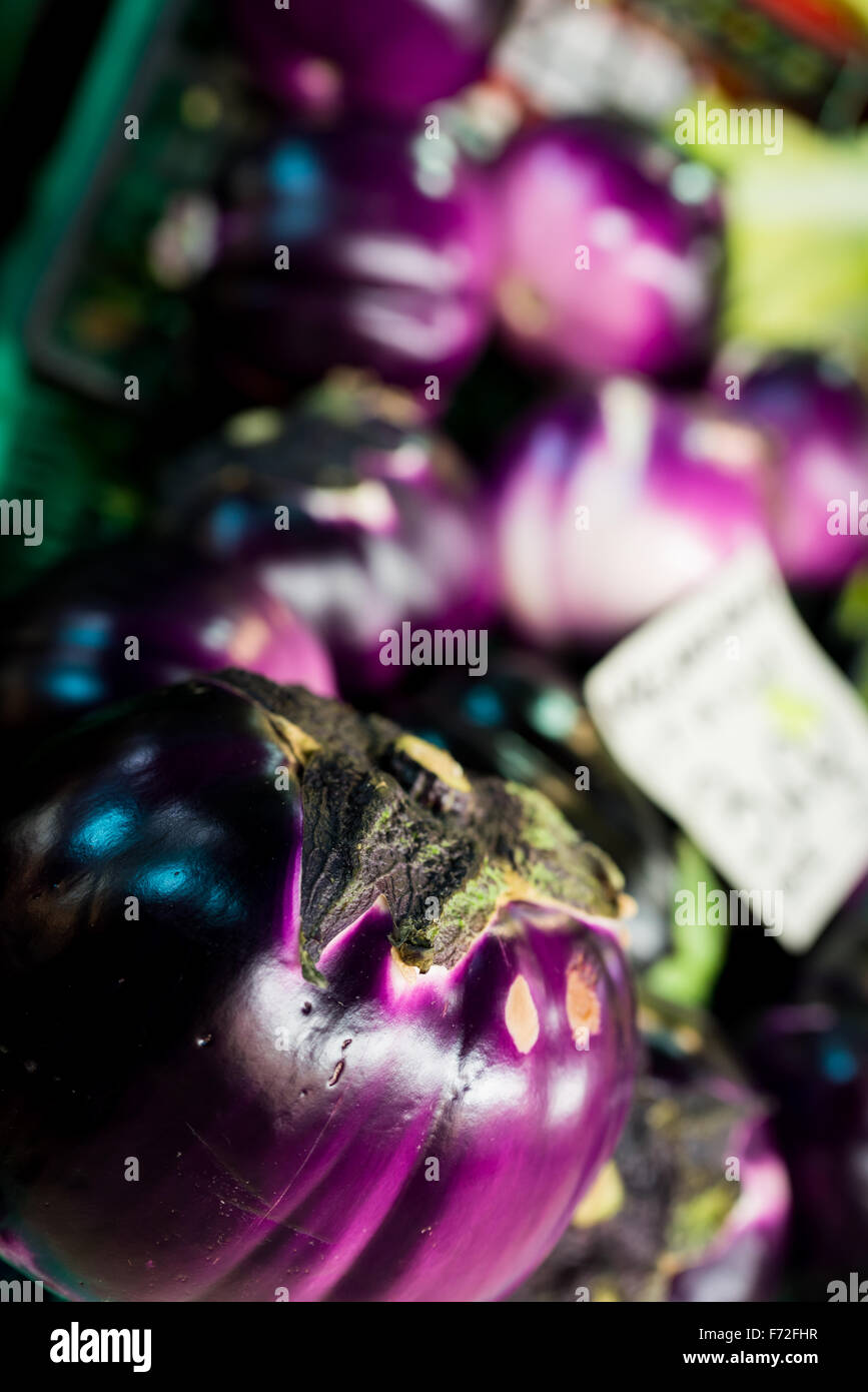 Auberginen in einem Markt stall in Florenz. Stockfoto