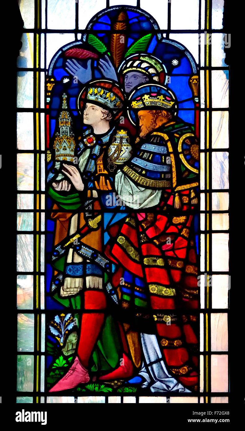 London, England, Vereinigtes Königreich. Pfarrei Kirche von St. Michael Cornhill, Glasfenster mit Geschenke der Heiligen drei Könige tragen Stockfoto
