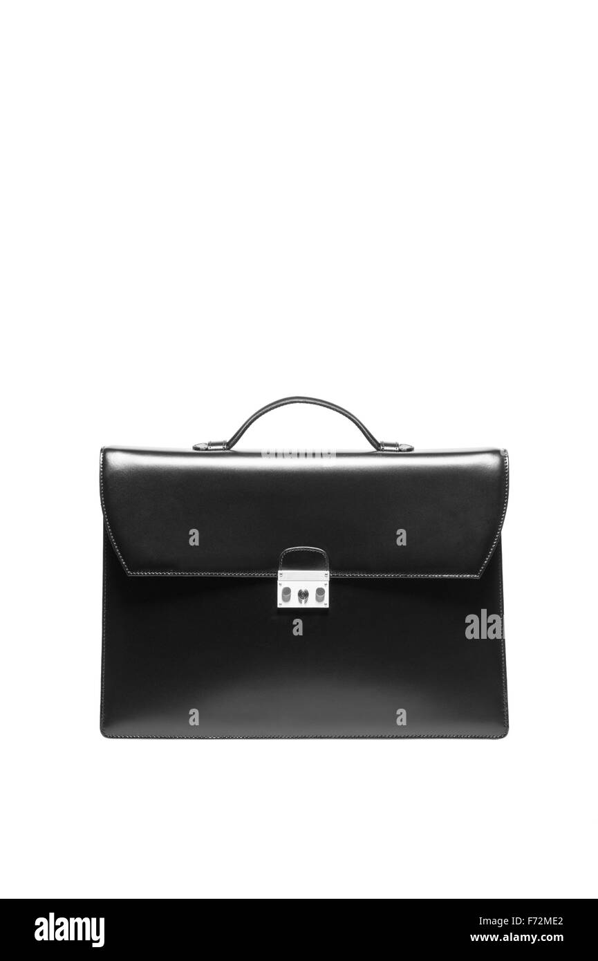 Schriftart-Blick auf schwarze Männer Aktentasche isoliert auf weiß Stockfoto