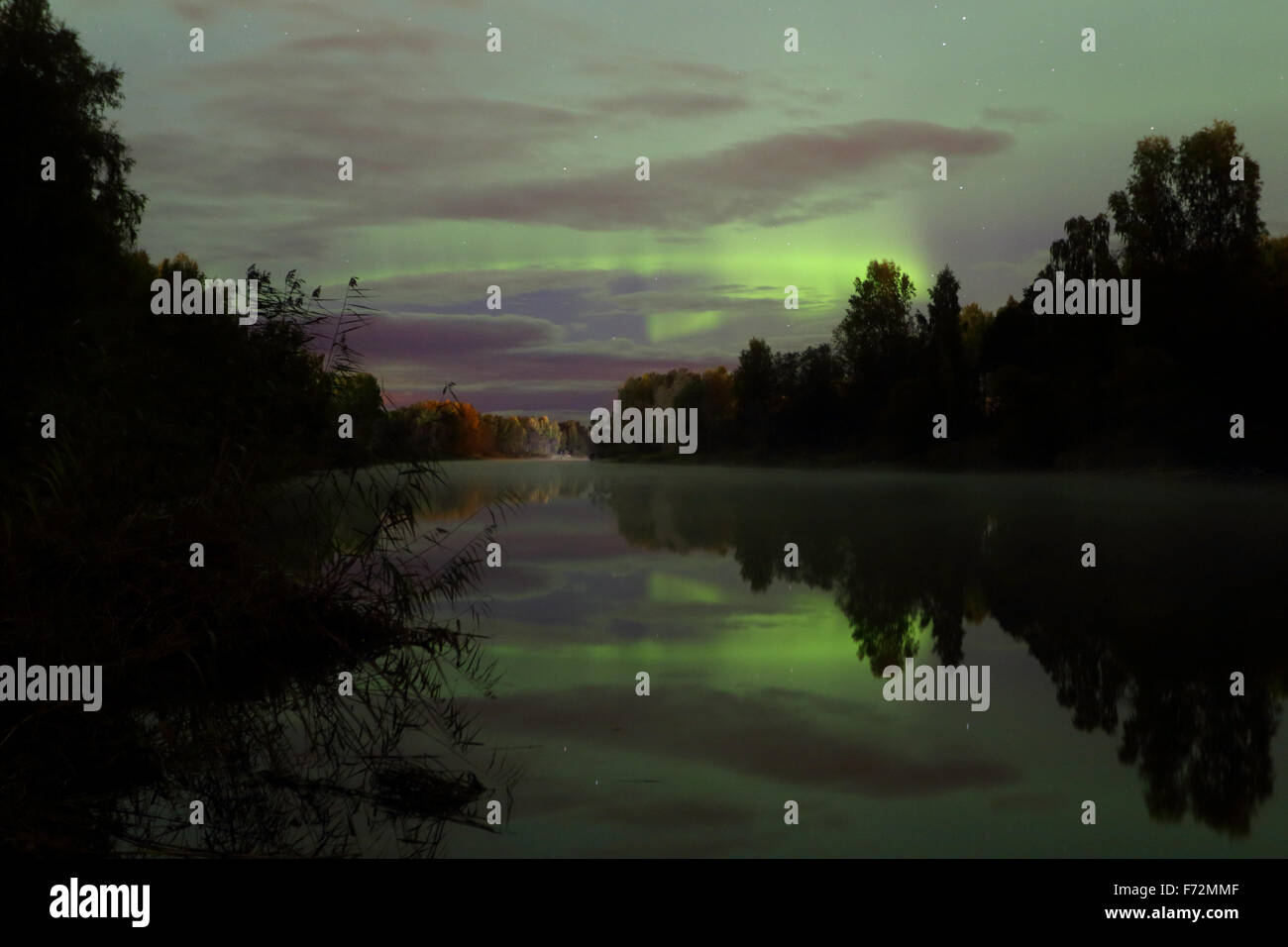 Nordlichter (Aurora Borealis) spiegelt sich im Fluss Emajõgi, Estland Stockfoto
