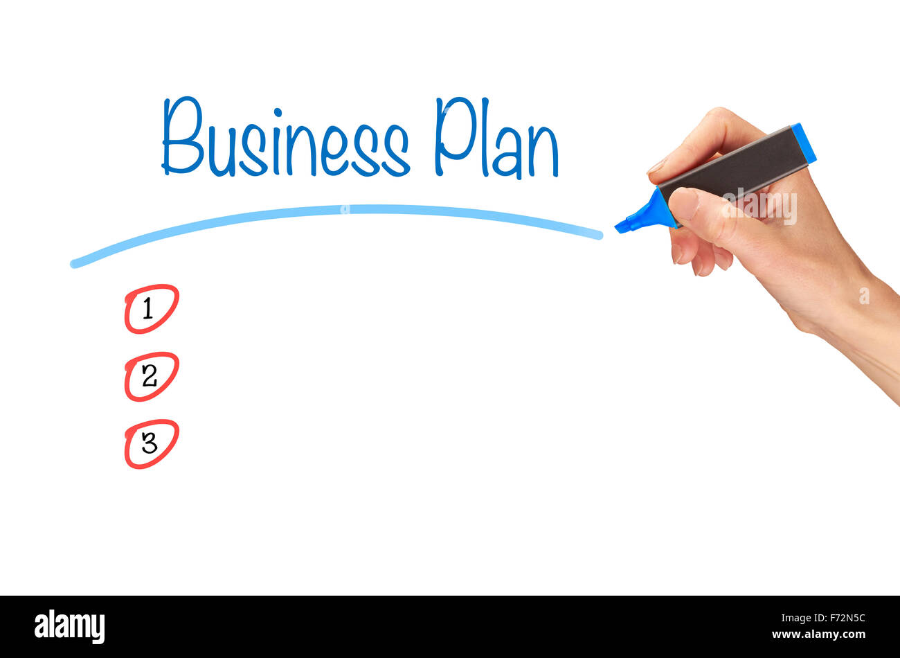 Business-Plan, in Marker auf einen klaren Bildschirm geschrieben. Stockfoto