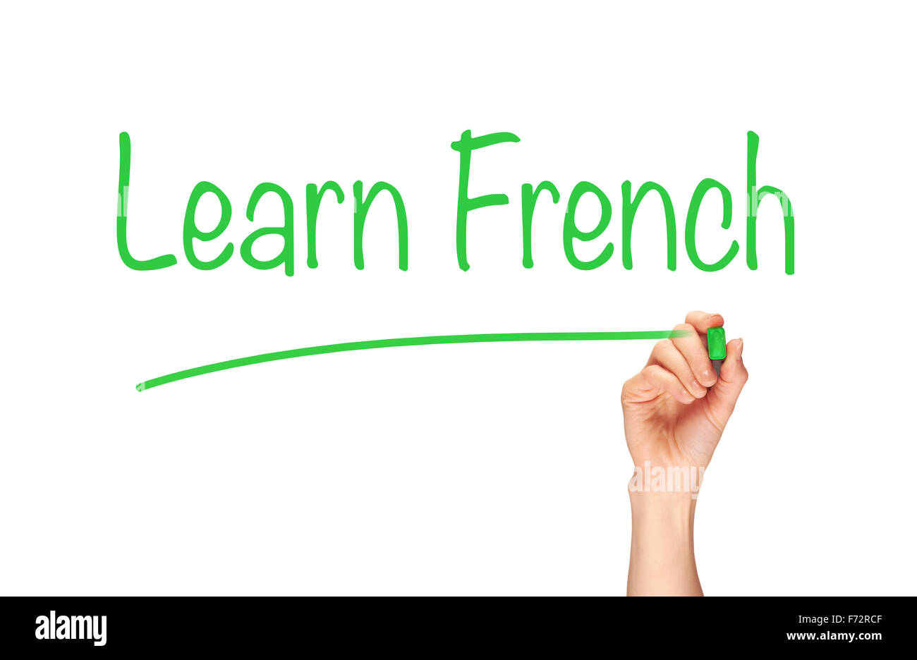 Die Hand einer Frau das Wort, Französisch lernen, auf eine klare Bildschirm zu schreiben. Stockfoto
