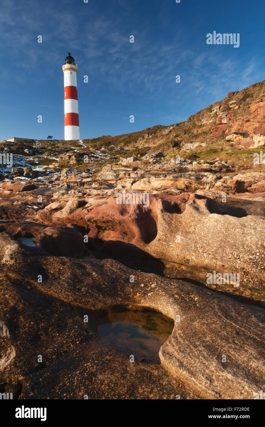 Tarbat Ness Leuchtturm in Moray Firth, Ross-Shire, Schottland, Großbritannien. Stockfoto