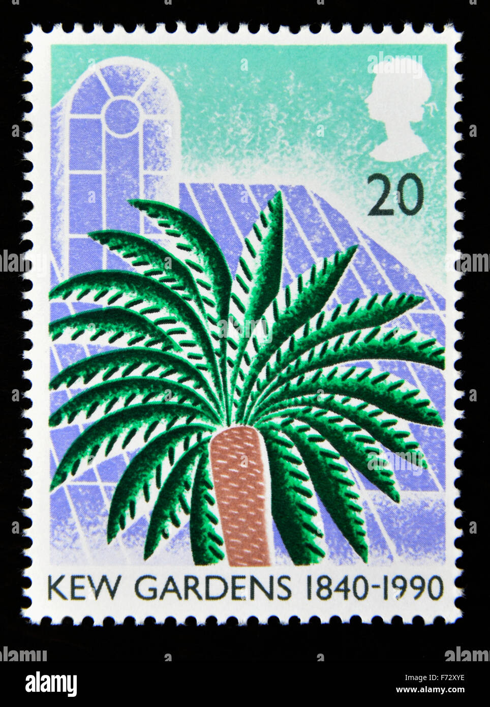 Briefmarke. Great Britain. Königin Elizabeth II. 1990. 150.. Jahrestag von Kew Gardens. 1840-1990. 20p. Stockfoto