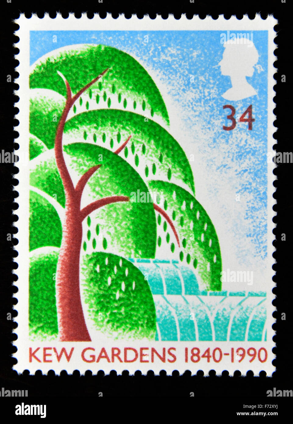 Briefmarke. Great Britain. Königin Elizabeth II. 1990. 150.. Jahrestag von Kew Gardens. 1840-1990. 34p. Stockfoto