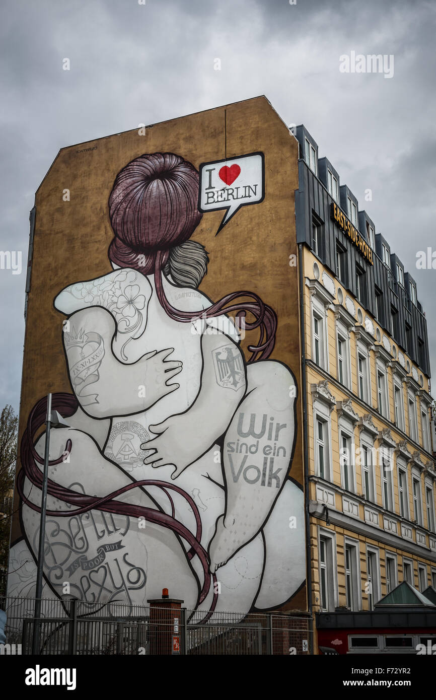 Ich liebe Berlin Wandbild an der Eastside Hotel Mühlenstraße 6, Berlin Stockfoto