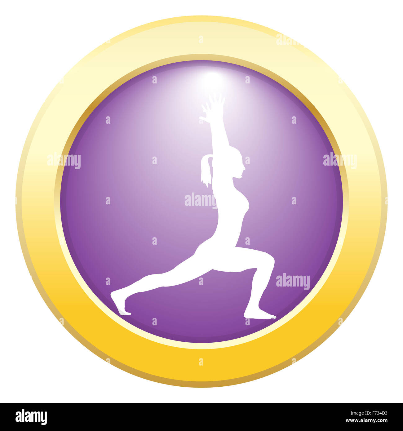Ein Yoga-Frauen-Silhouette durchführen hohe Longe Pose auf einem lila Symbol isoliert auf weißem Hintergrund Stockfoto