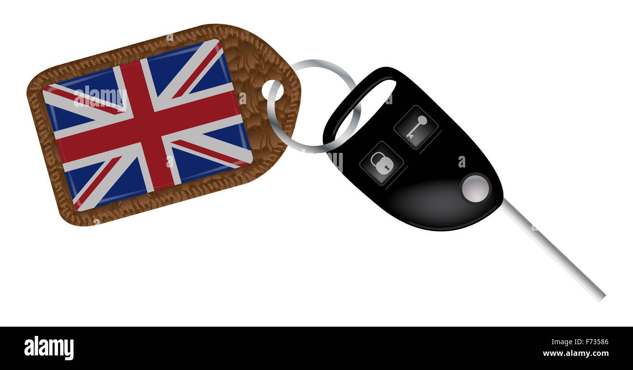 Ein UK Flagge Schlüsselanhänger mit remote Sperrschlüssel Auto isoliert auf weißem Hintergrund Stockfoto