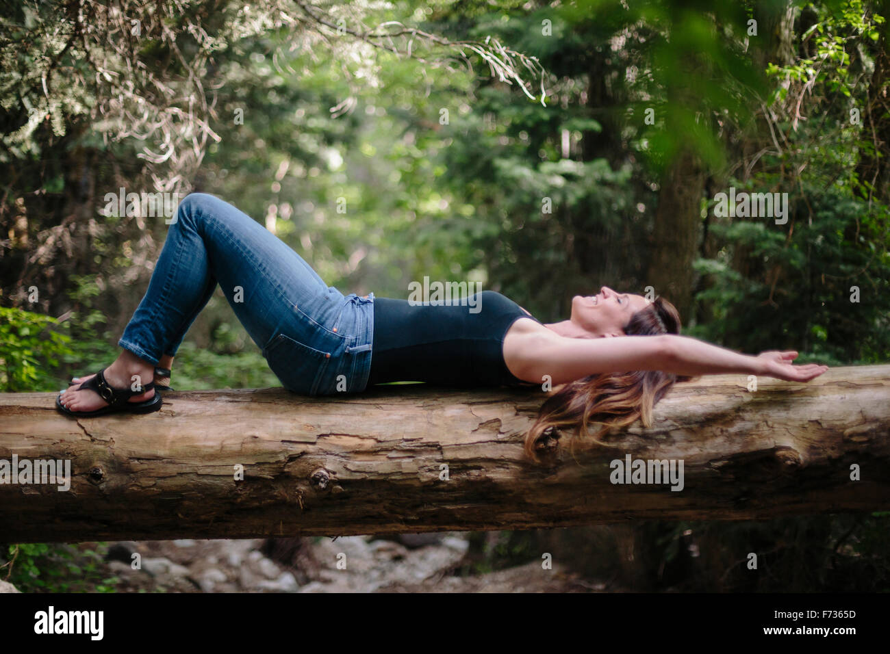 Frau auf dem Rücken auf einem gefallenen Baumstamm in einem Wald liegt. Stockfoto