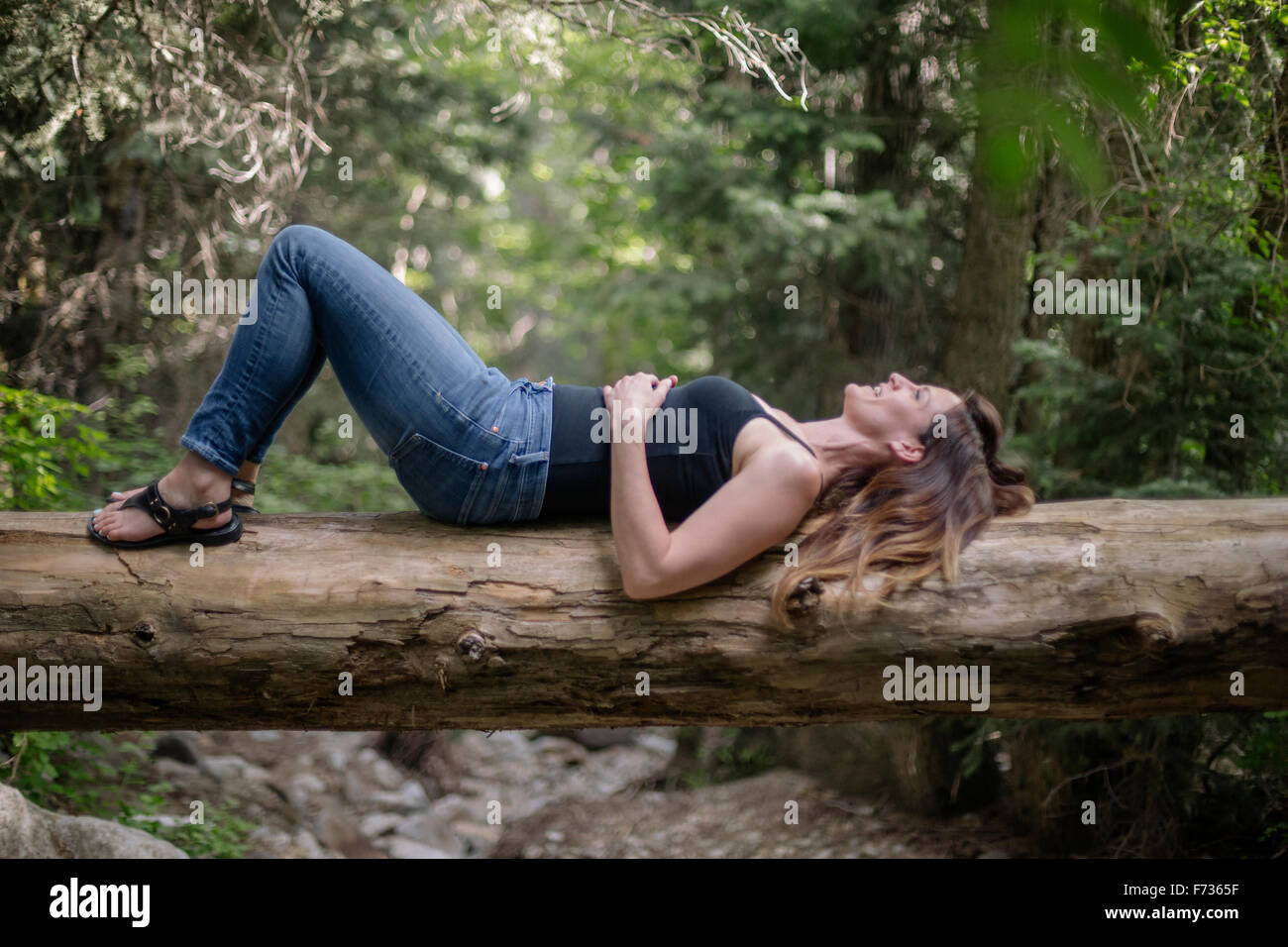 Frau auf dem Rücken an einem Baum in einem Wald liegt. Stockfoto