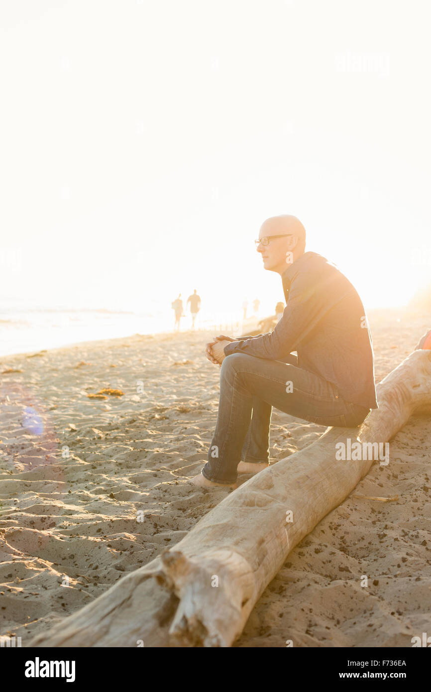 Glatze Mann sitzt auf einem Baumstamm an einem Sandstrand. Stockfoto