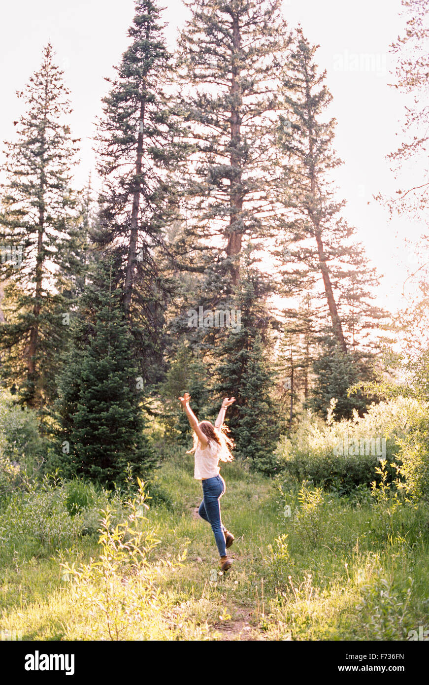 Frau mit Freude in einem sonnendurchfluteten Wald springen. Stockfoto