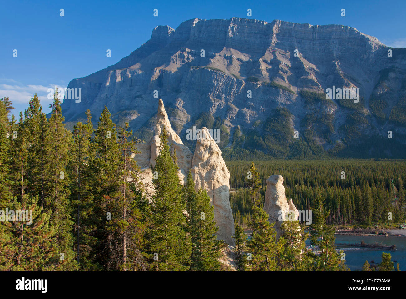 Erde Pyramiden / Hoodoos im Bow Valley und Mount Rundle in der Banff Nationalpark, Alberta, Rocky Mountains, Kanada Stockfoto