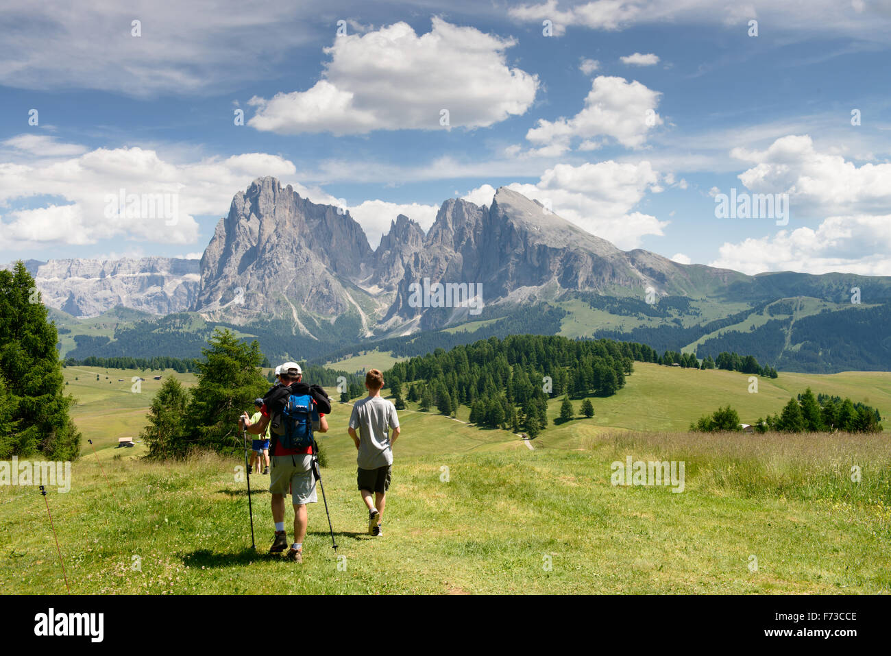 Wanderer Gruppe Vor Langkofel / Wanderer mit Langkofel im Hintergrund Stockfoto