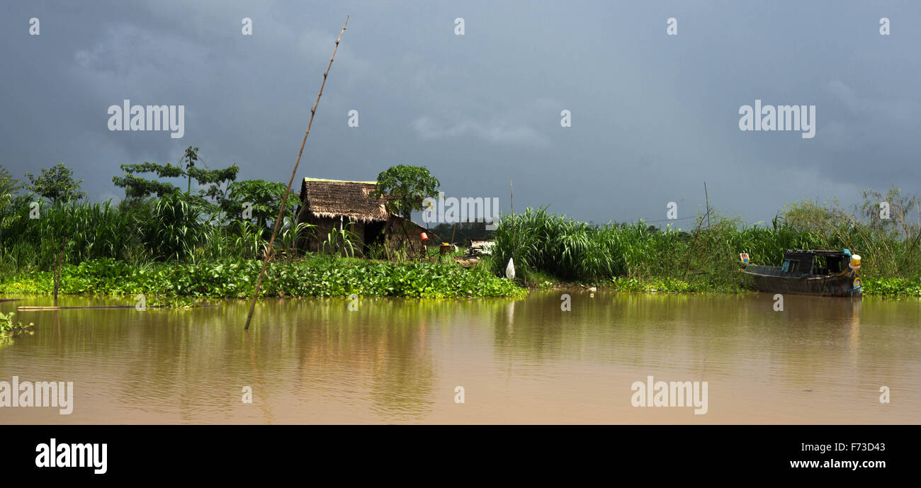 Mekong-Delta, Vietnam: Typische Szene entlang des Flusses im Mekong-Delta, angesehen vom Deck eines Kreuzfahrtschiffes. Stockfoto