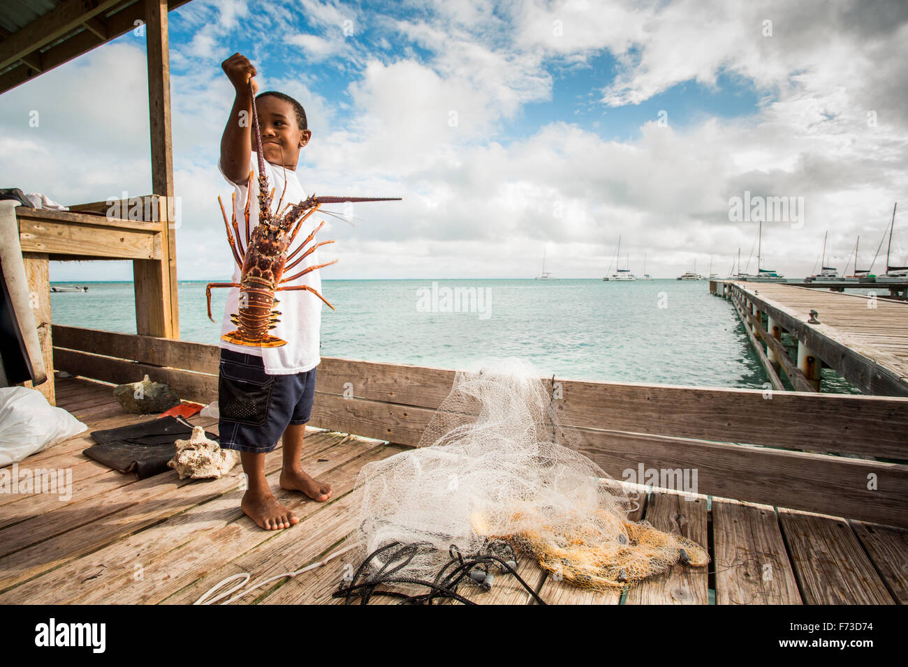 ANEGADA ISLAND, BRITISCHE JUNGFERNINSELN, KARIBIK. Ein kleiner Junge hält einen großen Hummer auf einem Dock in tropischer Umgebung. Stockfoto