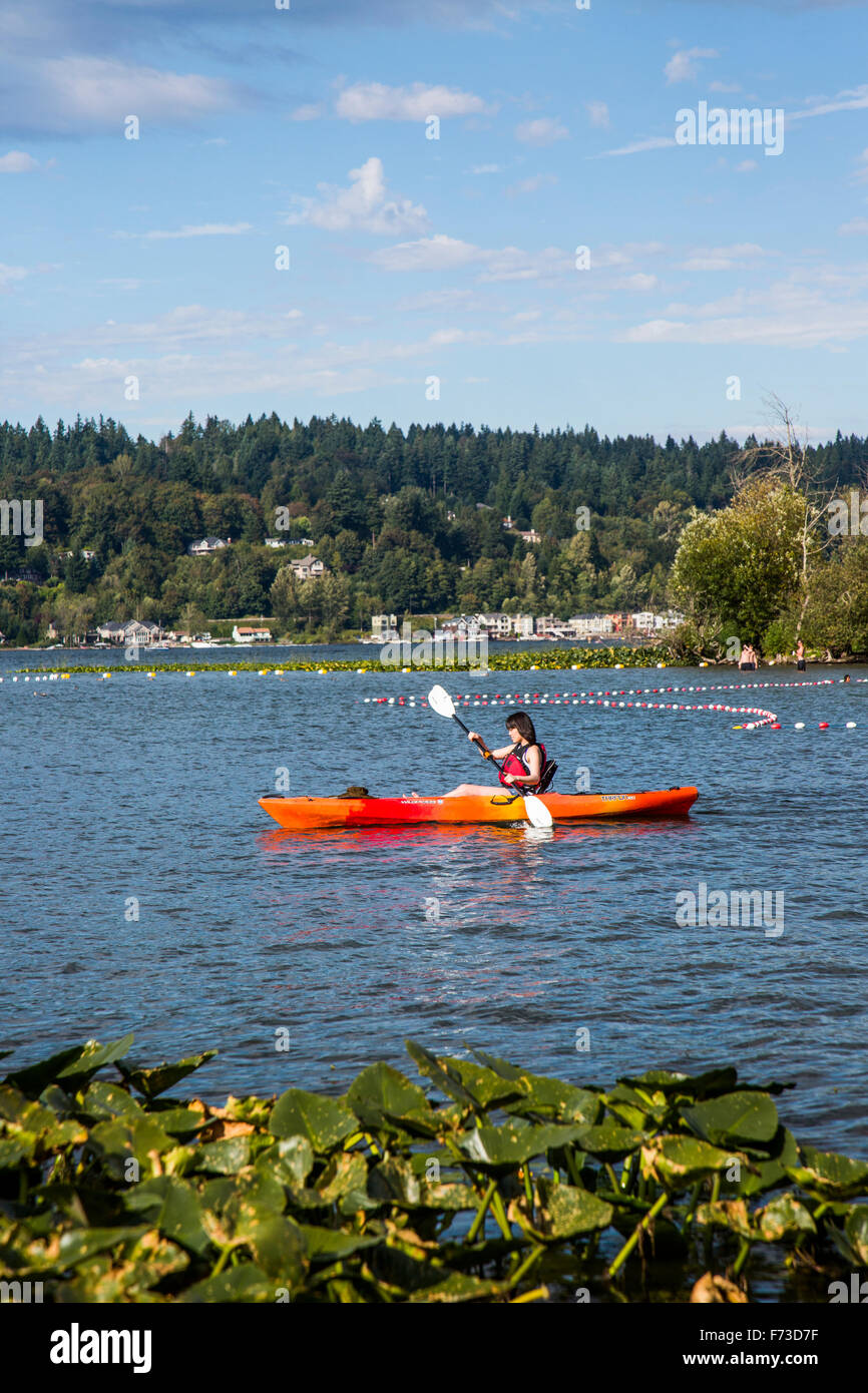 Lake Sammamish in der Nähe von Seattle und Issaquah, WA ist ein beliebtes Touristenziel für Wassersportarten wie Kajak fahren und schwimmen. Stockfoto