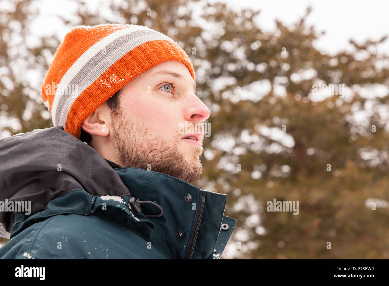Mann im Wald im winter Stockfoto